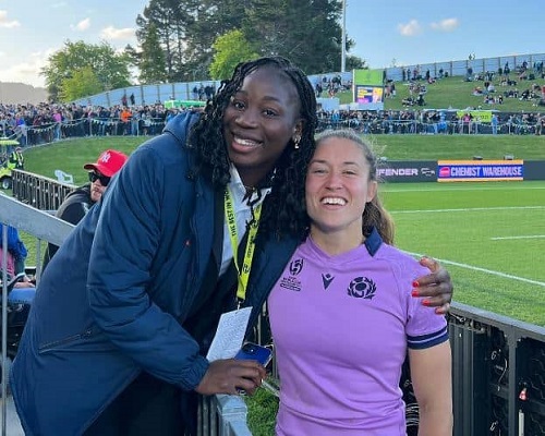 French rugby union player Madoussou Fall with Rhona Lloyd